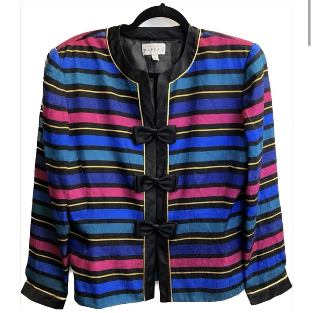 Vintage Adrianna Papell Silk Multicolored Stripe Blazer Jacket size 16